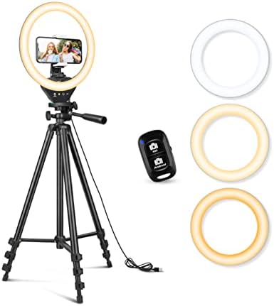 Sensyne 10'' Ring Light with 50'' Extendable Tripod Stand, LED Circle Lights with Phone Holder for Live Stream/Makeup/YouTube Video/TikTok, Compatible with All Phones
